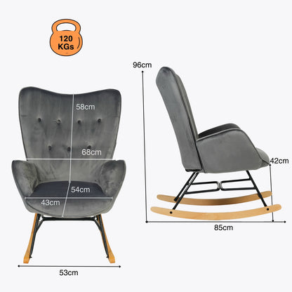 Draaifauteuil – Fauteuil – Relaxstoel – Leunstoel – Schommelstoel – Fluweel Grijs – Hoog Rugleuning – Houten Poten