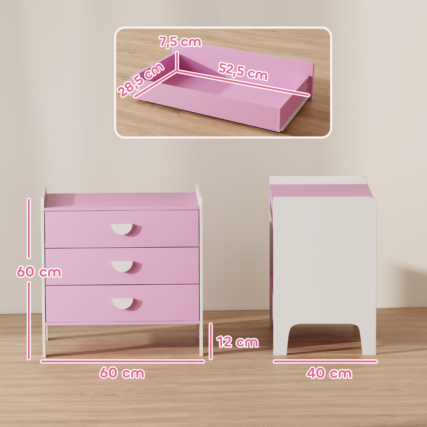 Kinderladekast – Opbergkast Kinderkamer – Ladekast Speelgoed – Kledingkast Kind – Kast Roze Wit – 3 Ruime Lades – Kindvriendelijk Veilig Design