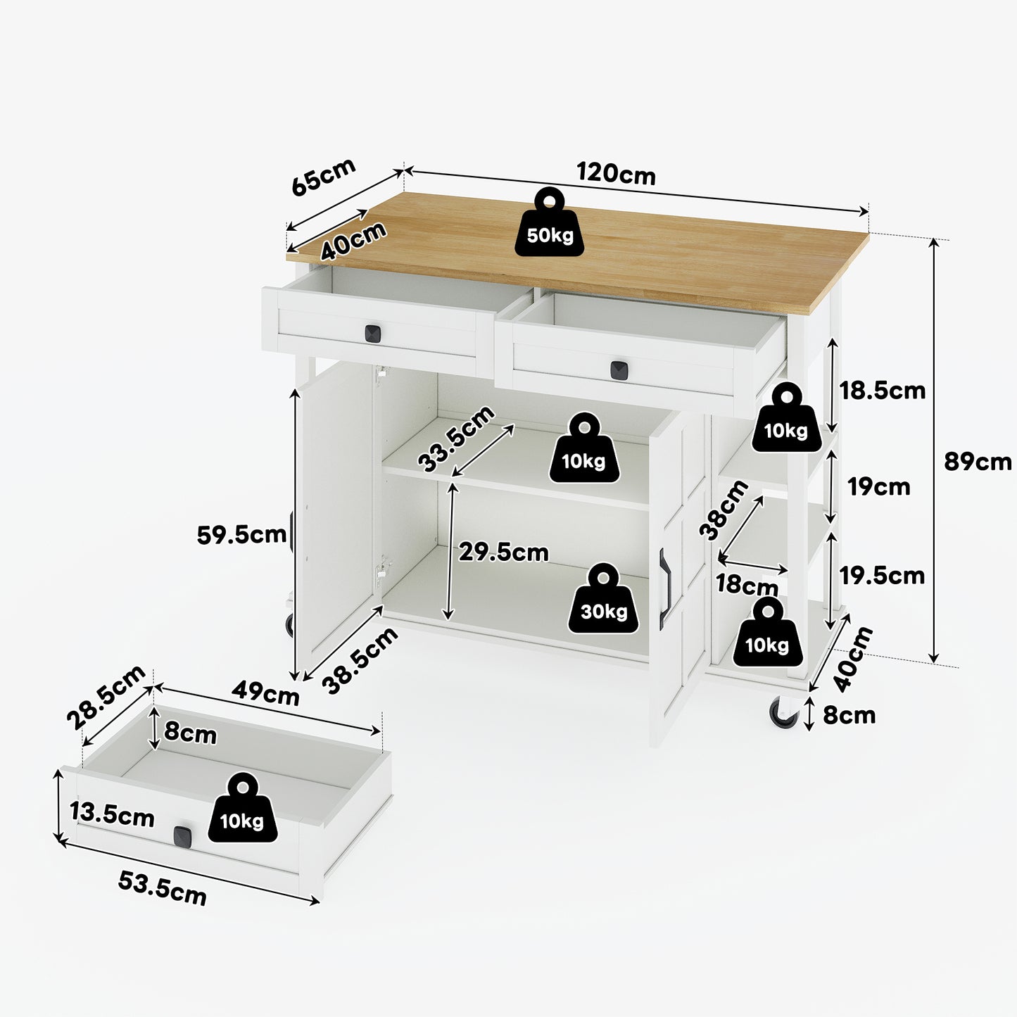 Keukentrolley – Keukenwagen – Serveerwagen – Opbergwagen – Werkbank – Uitschuifbaar Werkblad 120×65 cm – MDF Melamine Water- en Krasbestendig – Met 2 Lades, Opbergruimte en Wieltjes Wit