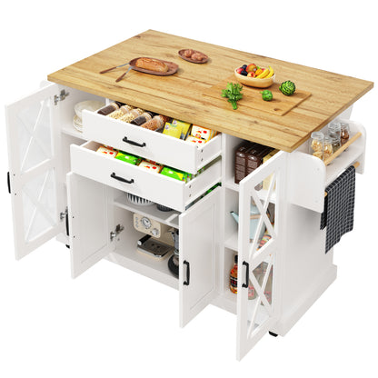 Keukentrolley – Keukenkast – Serveerwagen – Opbergtrolley – Keukenwagen – Wit – 4 Deuren met Glas – Verstelbare Planken – 2 Lades – Verrijdbaar – 120x40/63,5x94,5 cm – Modern Design