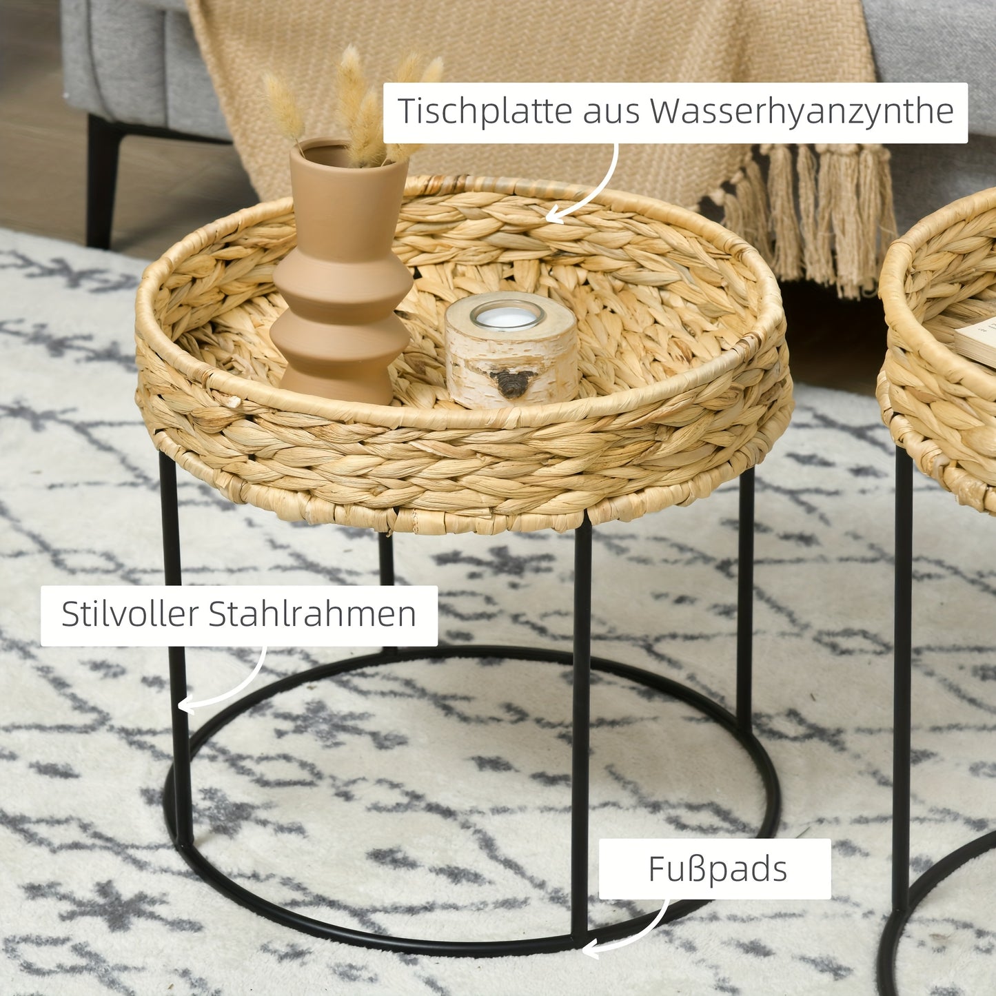 Salontafel – Bijzettafel – Koffietafel – Tafeltje – Bohemien – Set Van 2 – Hyacintvezel Tafelblad – Stevig Stalen Onderstel