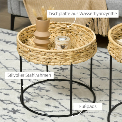Salontafel – Bijzettafel – Koffietafel – Tafeltje – Bohemien – Set Van 2 – Hyacintvezel Tafelblad – Stevig Stalen Onderstel