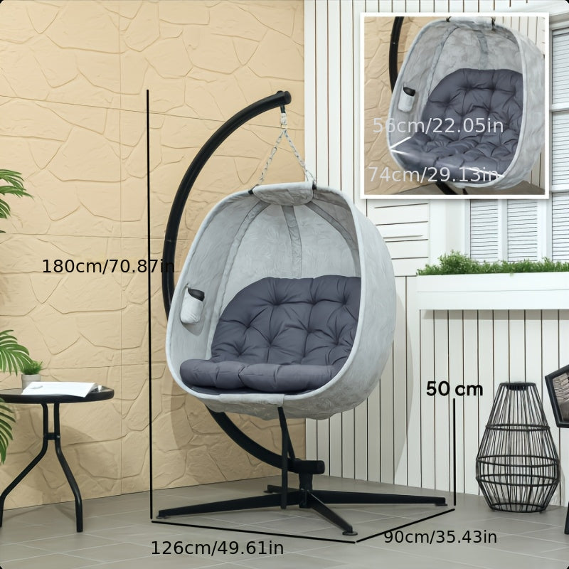 Hangstoel Vouwstoel Schommelstoel Relaxstoel Egg Chair – Grijs Kussen – Zwart Metaal Frame – Handmatig Verstelbare Rugleuning – Compact Opvouwbaar – Weerbestendig