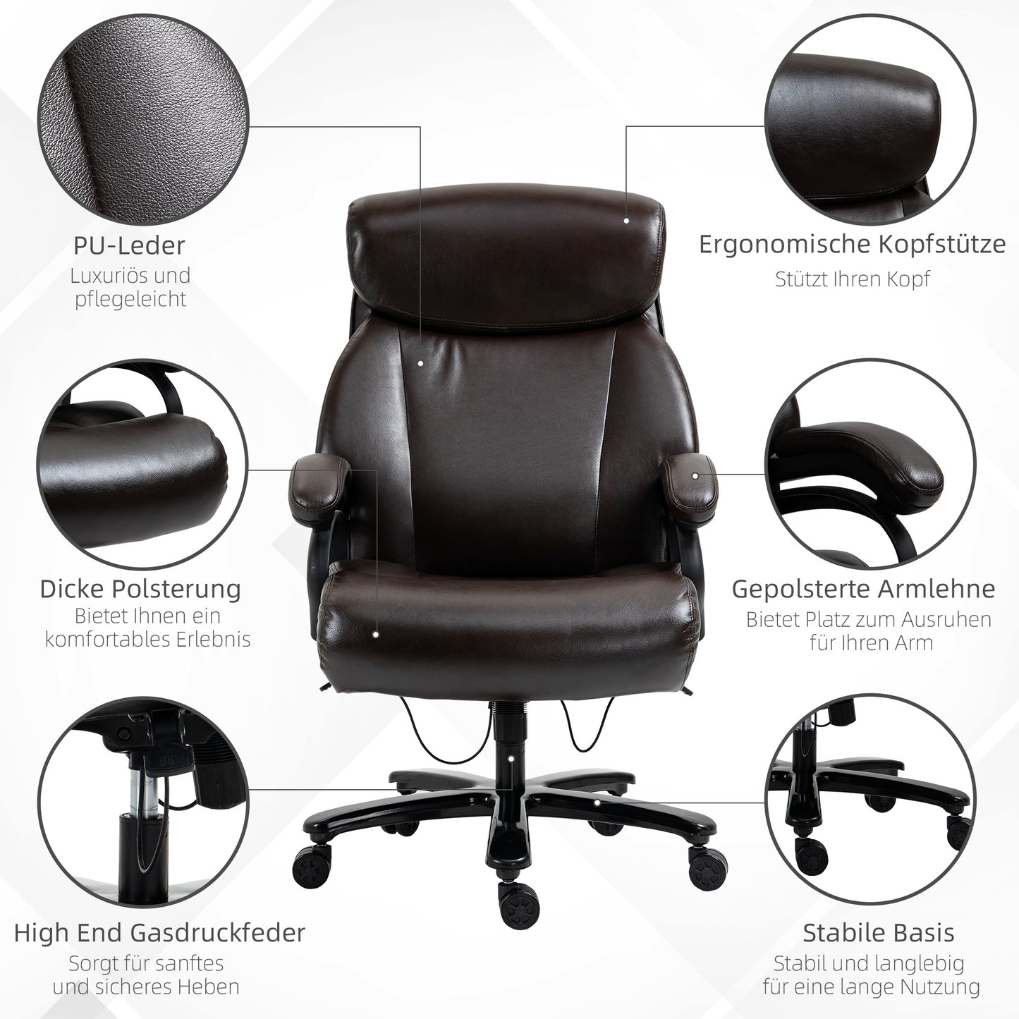 Bureaustoel – Office Chair – Gamestoel – Draaistoel – Executive Chair – Ergonomisch Ontwerp – Verstelbare Hoogte – PU Leder Bruin – 180 kg Draagkracht – 360° Draaibaar – Extra Dikke Padding – 72x83x114-122 cm