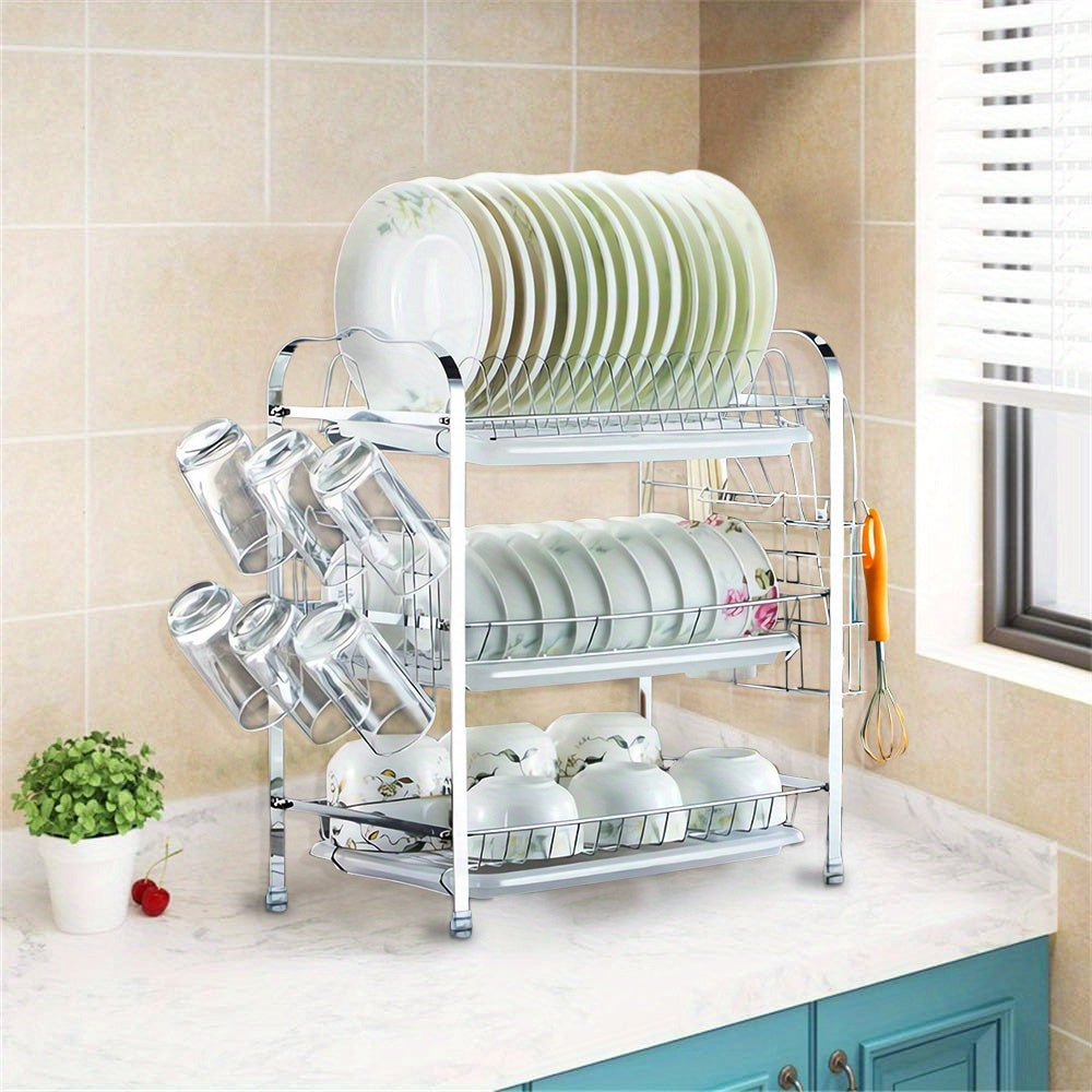 Afdroogrek Keuken – Vaatdroogrek – Dubbellaags Rek – Droogrek Metalen – Bestekhouder – Zilveren Heavy-Duty Rek – 42x25x49 cm – Draaggewicht 40 kg – Ruimtebesparend Design