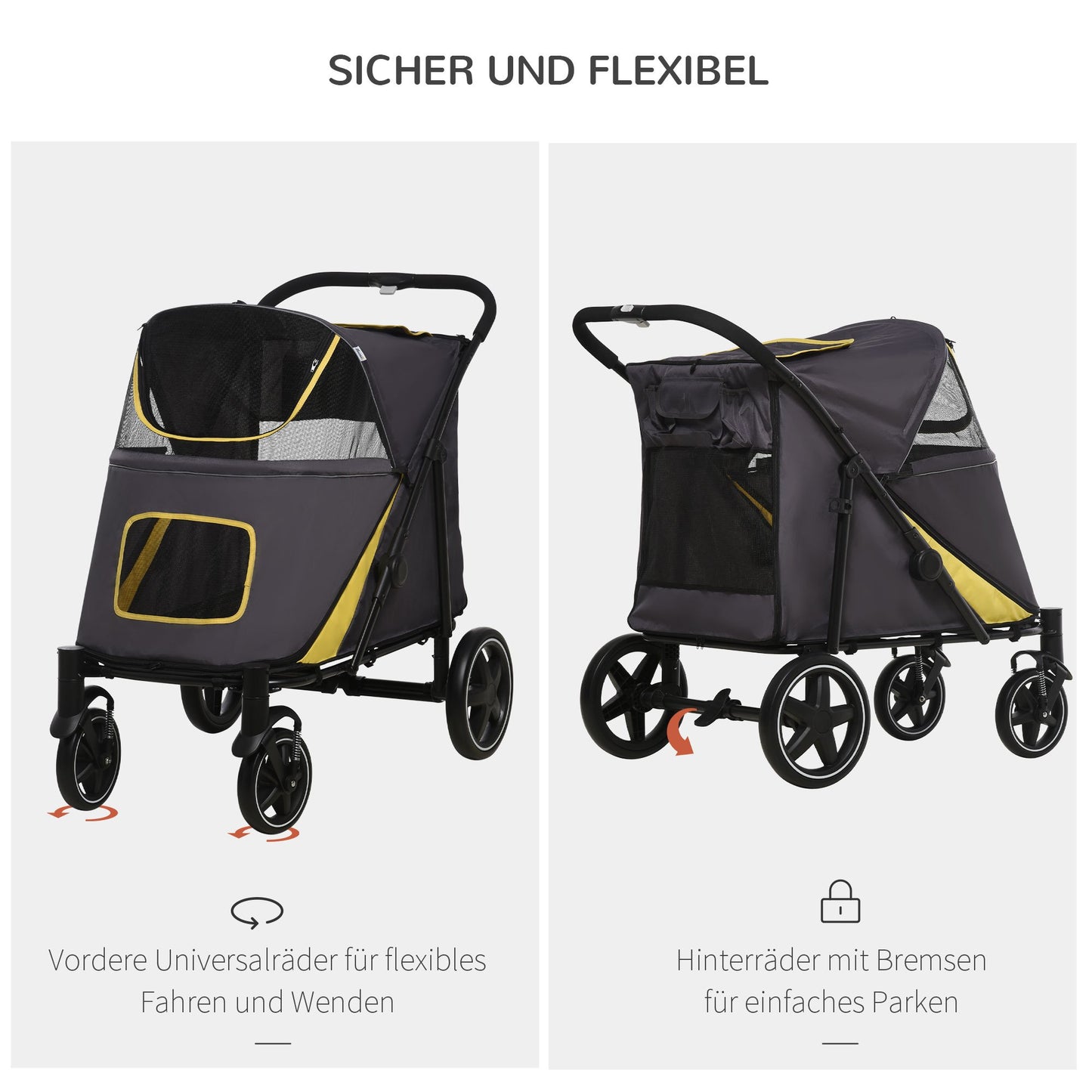 Hondenwagen – Opvouwbare Hondenbuggy – Hondenkar – Dierenwagen – Huisdierwagen – Tot 30 kg Draagvermogen – One-Click Inklapsysteem – Veiligheidsharnassen – Opbergvakken – Donkergrijs