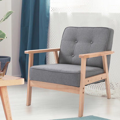 Loungestoel – Fauteuil – Zetel – Relaxstoel – Armstoel – Massief Beukenhouten Frame – Comfortabele Grijze Linnen Bekleding – 64,5x70x74 cm