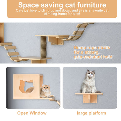 Klimwand Kat – Katten Klimmuur – Krabpaal – Kattenwand – Kattenmeubel – Super Groot 250 cm – 9-delige Set Met Kattenhuis, Krabplank en Hangbrug – Massief Hout en Duurzaam Materiaal
