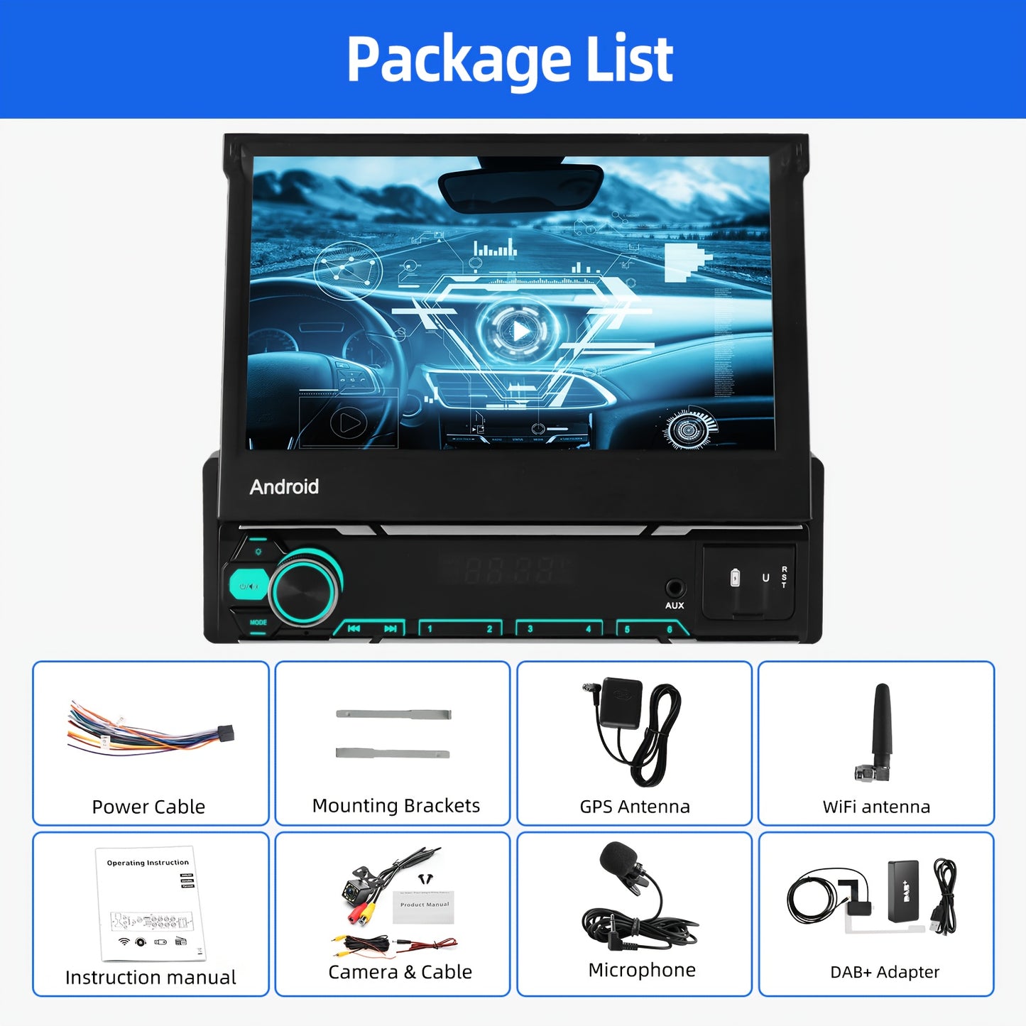 Autoradio – Auto Stereo – Multimedia Speler – Single DIN Radio – Android Autoradio – 7 Inch Flip-Out Touchscreen – Draadloze CarPlay & Android Auto – Met Camera, Microfoon en DAB+