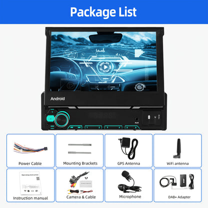 Autoradio – Auto Stereo – Multimedia Speler – Single DIN Radio – Android Autoradio – 7 Inch Flip-Out Touchscreen – Draadloze CarPlay & Android Auto – Met Camera, Microfoon en DAB+