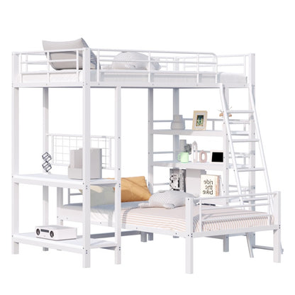 Hoogslaper – Loftbed – Stapelbed – Kinderbed – Eenpersoonsbed – Met Opbergrekken – 90x200 cm – Wit Metaal – Ruimtebesparend – Stevig