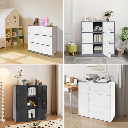Lockbare Opbergkast – Stalen Kast – Veilig Bewaarmeubel – Organisatie Kast – Opbergrek – Wit met Koffiekleurige Accenten – 9 Compartimenten met Slot – Geluiddempend Sluitmechanisme