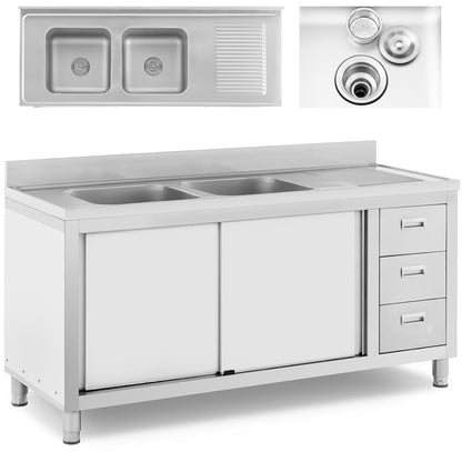 Spoelbak meubels – Keukenmeubel – Onderkast – Keukenkast – Kitchenette – Roestvrijstaal – Dubbele Spoelbak 160x60x95 cm – Schuifdeuren met 3 Lades