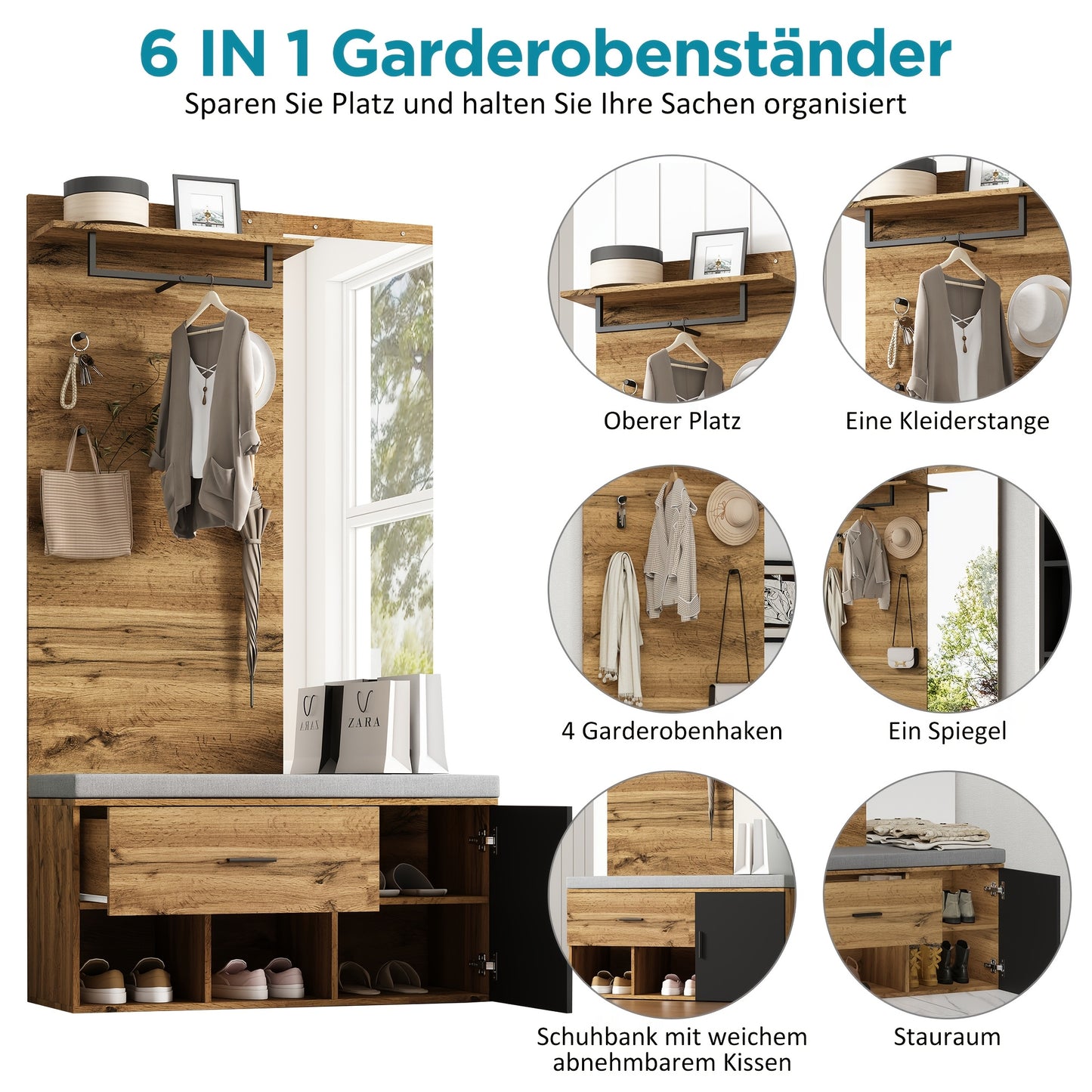 Houten Meubelset Hal – Kledingkast – Schoenenbank – Spiegel – Opbergkast – Hardhout Particleboard – Functioneel Zonder Stroom – Ruimtebesparend Design