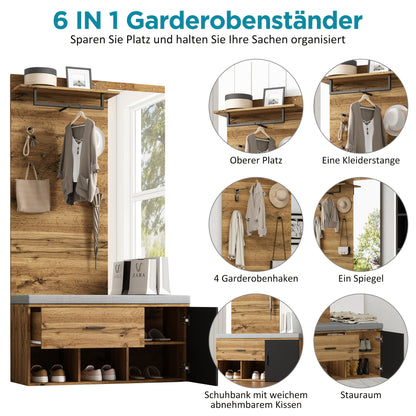 Houten Meubelset Hal – Kledingkast – Schoenenbank – Spiegel – Opbergkast – Hardhout Particleboard – Functioneel Zonder Stroom – Ruimtebesparend Design