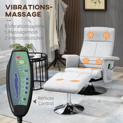 Massagestoel – Relaxstoel – Ontspanningsstoel – Massagefauteuil – Stoel Met Voetenkruk – Verstelbare Rugleuning – Compacte Afmetingen 78x95x88 cm – Lichtgrijs