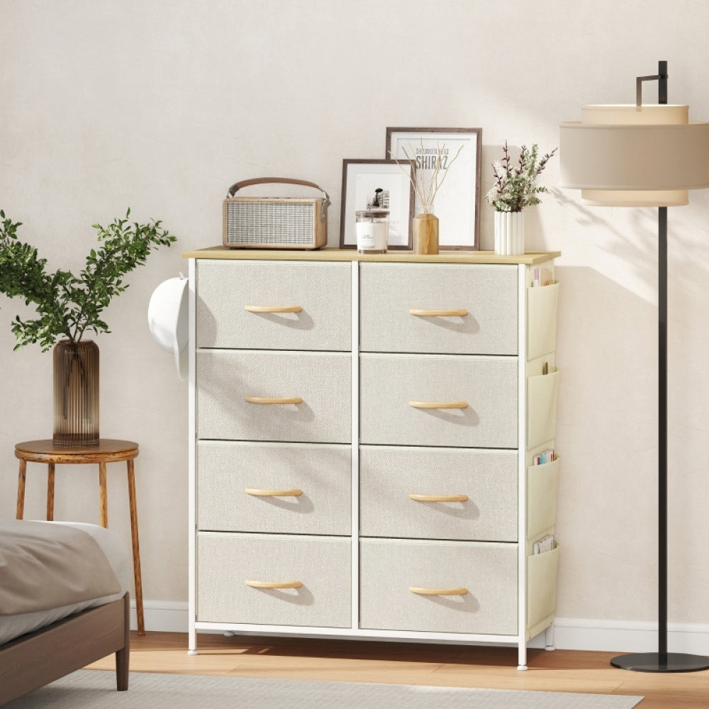Ladekast – Ladekasten – Opbergkast – Kast – Ladenkast – 8 Stoffen Lades – Stalen Frame – Smal Verticaal Ontwerp – Antikantel Veilig – Inclusief 4 Opbergvakken en 2 Haakjes – Zwart-Wit Design – 68,5 cm Hoog – Duurzaam en Modern