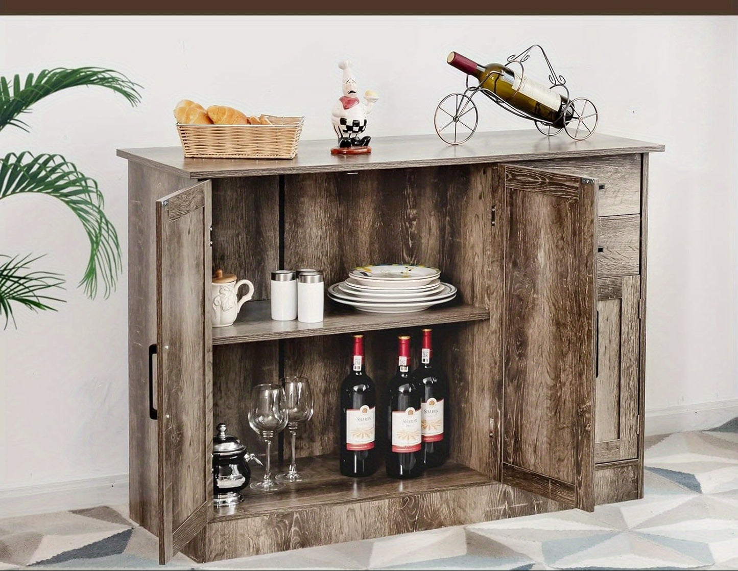 Kitchen Buffet Kast – Dressoir – Opbergkast – Sideboard – Buffetkast – Grijs – MDF Materiaal – Verstelbare Plank