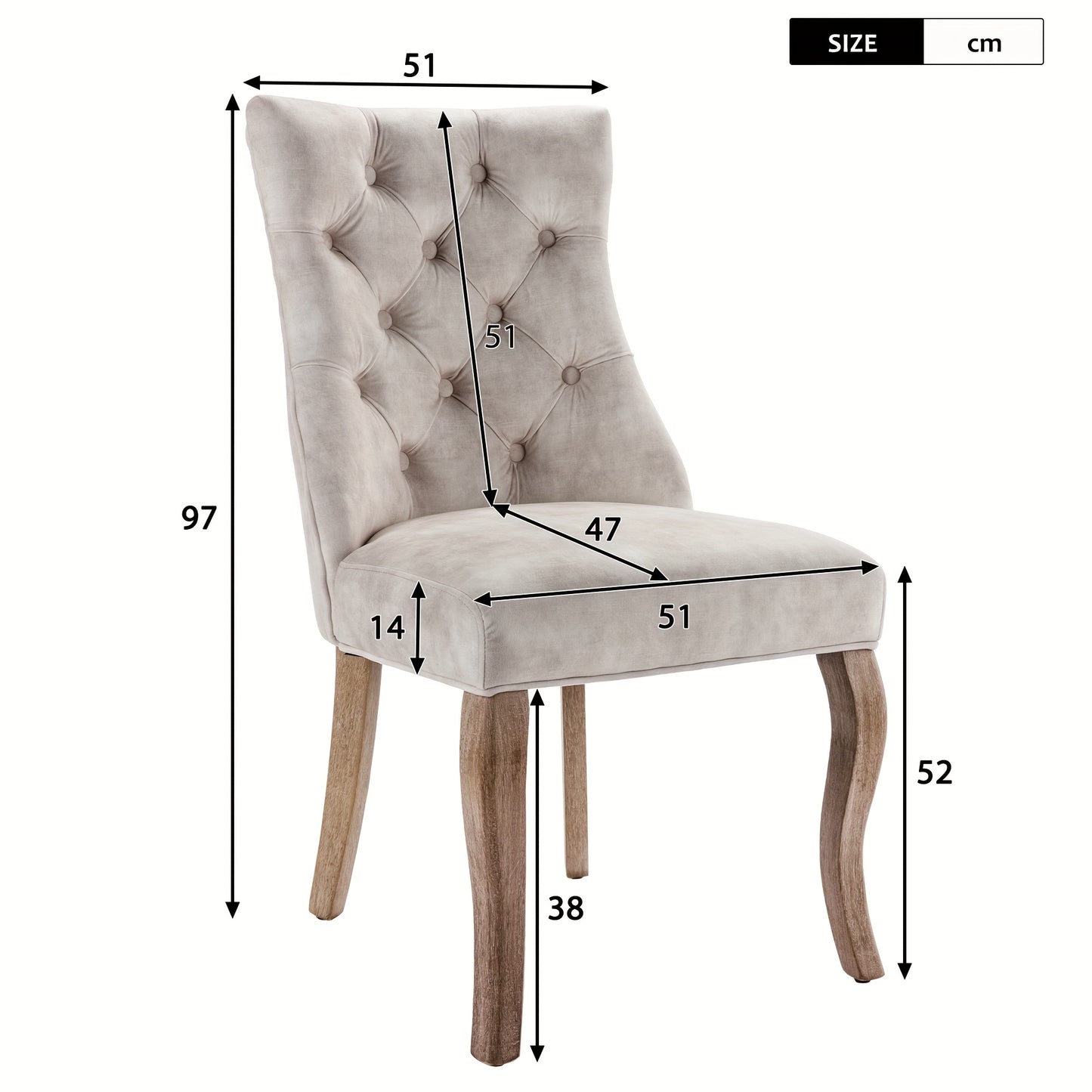 Eetstoel – Eetkamerstoel – Kuipstoel – Stoel – Stoeltjes – Lichtbeige Fluwelen Bekleding – Hoge Rugleuning Met Knoopstiksels – Massief Houten Frame – Set Van 2
