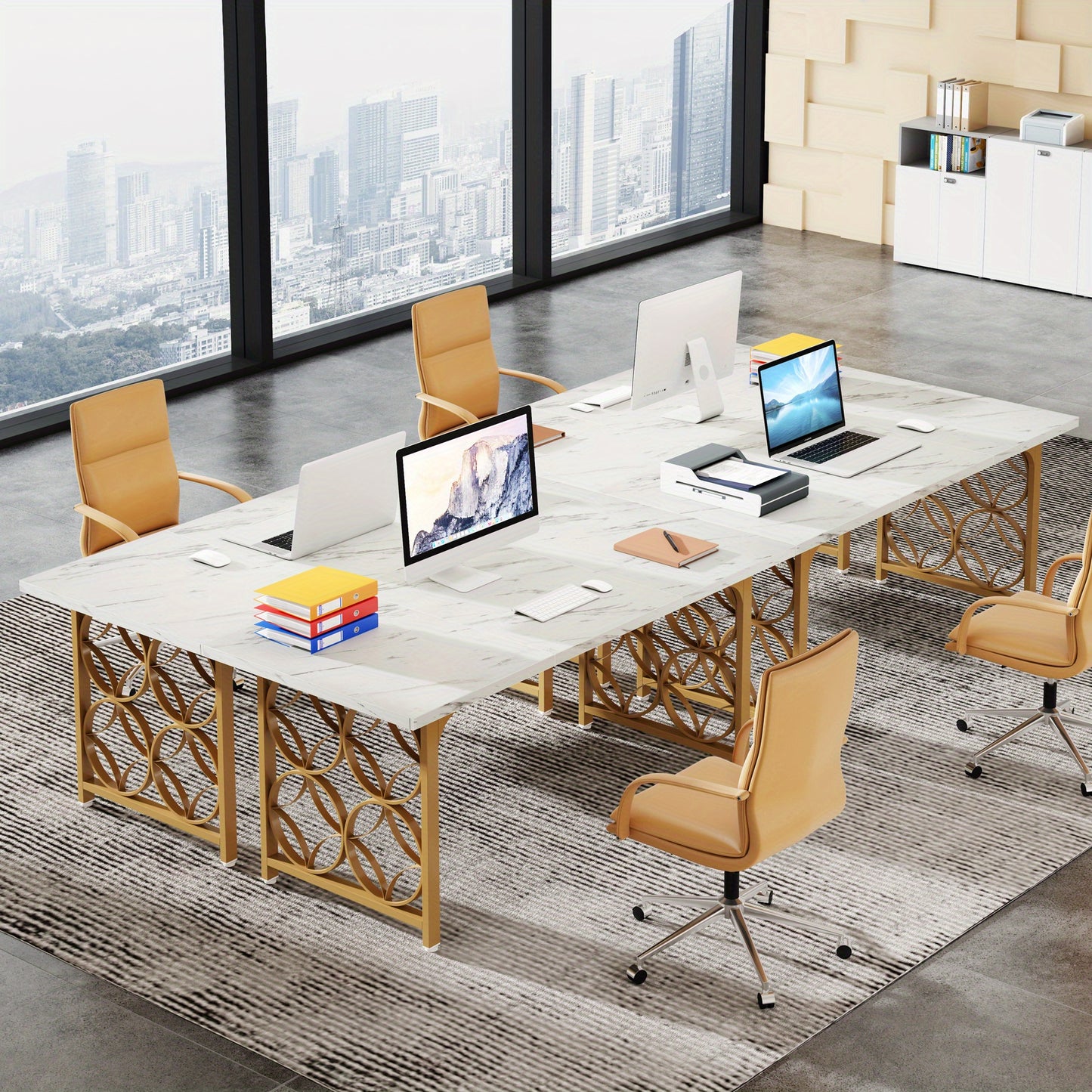 Conferentietafel – Vergadertafel – Bureautafel – Ontmoetingstafel – Werktafel – Wit met Gouden Accenten – Verstelbare Hoogte 68,5 cm – Stevig MDF Tafelblad en Metalen Frame