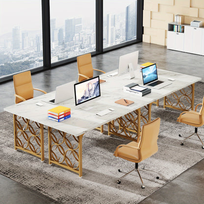 Conferentietafel – Vergadertafel – Bureautafel – Ontmoetingstafel – Werktafel – Wit met Gouden Accenten – Verstelbare Hoogte 68,5 cm – Stevig MDF Tafelblad en Metalen Frame