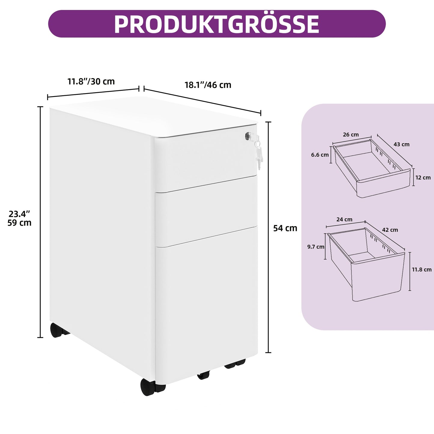 Witte Metalen Ladekast – Opbergkast – Archiefkast – Documentenlade – Bureaukast – Mobiel Met Wieltjes – Duurzaam Roestvrij Staal – 30x46x59 cm – Geschikt Voor A4 En Legal Dokumenten – Gebruiksklaar Geassembleerd