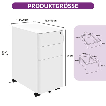 Witte Metalen Ladekast – Opbergkast – Archiefkast – Documentenlade – Bureaukast – Mobiel Met Wieltjes – Duurzaam Roestvrij Staal – 30x46x59 cm – Geschikt Voor A4 En Legal Dokumenten – Gebruiksklaar Geassembleerd