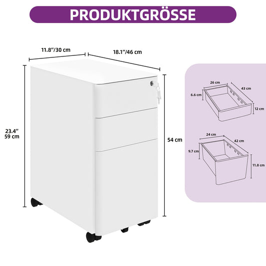 Witte Metalen Ladekast – Opbergkast – Archiefkast – Documentenlade – Bureaukast – Mobiel Met Wieltjes – Duurzaam Roestvrij Staal – 30x46x59 cm – Geschikt Voor A4 En Legal Dokumenten – Gebruiksklaar Geassembleerd