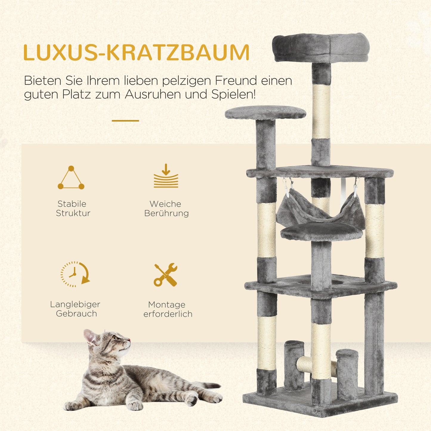 Krabpaal – Kattenboom – Krabmeubel – Klimpaal – Speelpaal – Grijs – Stevige Houten Constructie – Comfortabele Hangmat