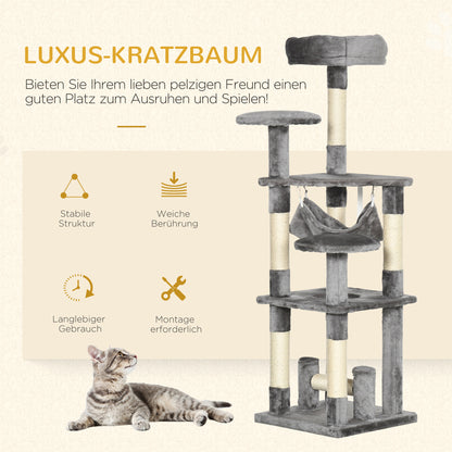 Krabpaal – Kattenboom – Krabmeubel – Klimpaal – Speelpaal – Grijs – Stevige Houten Constructie – Comfortabele Hangmat