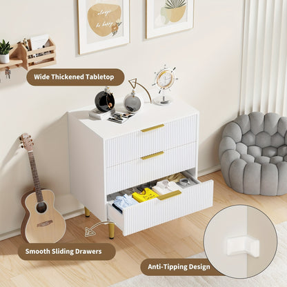 White & Golden Modern 3-Drawer Dresser - Compact Fluted Cabinet with Golden Accent Legs & Knobs, Space-Saving Wood-Like (No Assembly Issues) - Small Chest of Drawers for Bedroom, Living Room, Entryway, Bedside Table/Nightstan