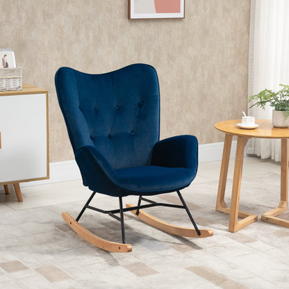 Blauwe Schommelstoel – Schommelstoel Met Sleden – Gestoffeerde Schommelstoel – Velvet Stoel – Relaxstoel – Fluweelzachte Bekleding – Houten Sledenbasis – Max 150 kg Draagkracht