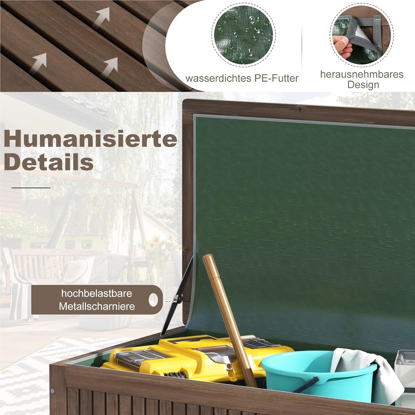 Houten Tuinkist – Opbergbox – Tuinbox – Kussenbox – Tuinberging – Waterdichte PE Voering – Met Wielen en Handvat – 213 Liter – Bruin