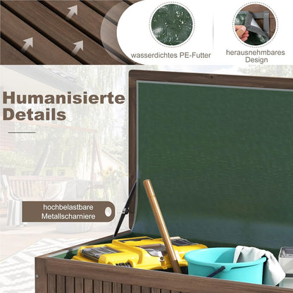 Houten Tuinkist – Opbergbox – Tuinbox – Kussenbox – Tuinberging – Waterdichte PE Voering – Met Wielen en Handvat – 213 Liter – Bruin