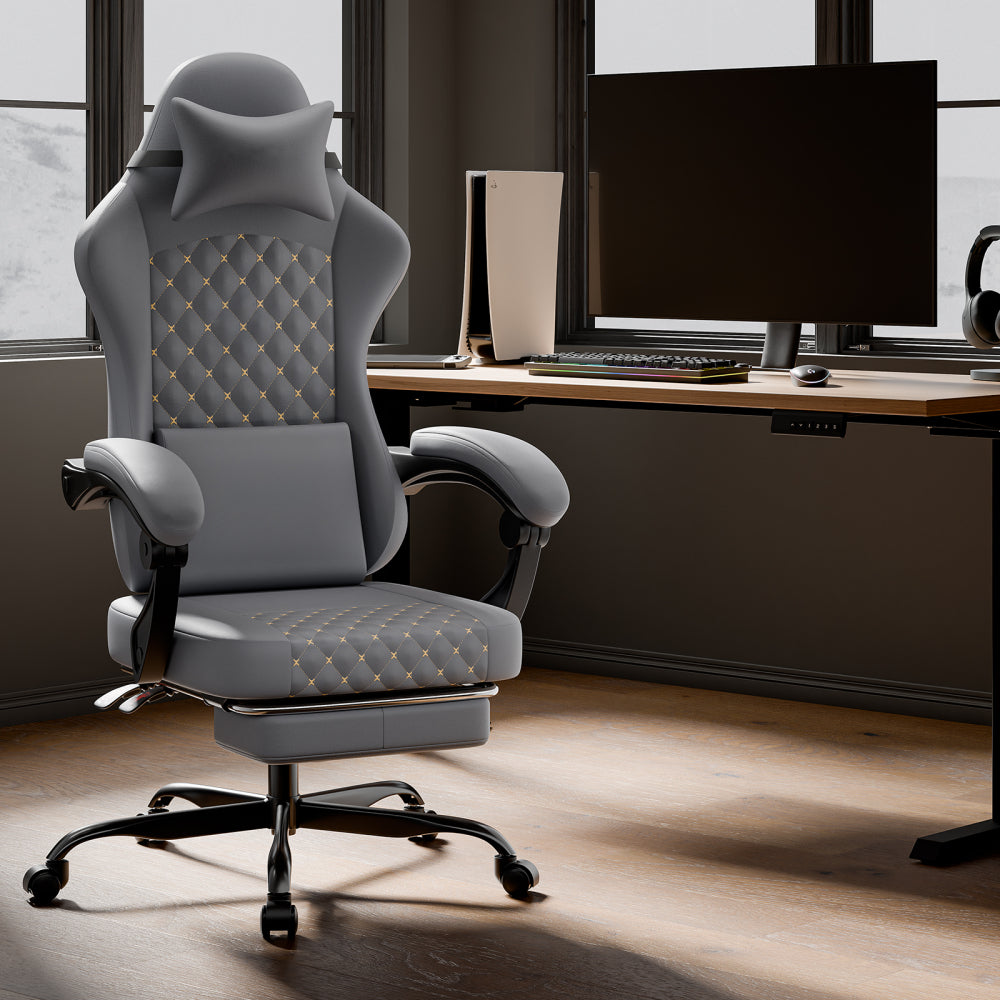 Gaming Chair in Leather with Massage Function and Footrest | Ergonomic Computer Chair for Gaming and Office Use, Supports up to 150kg, Enhances Comfort, Grey