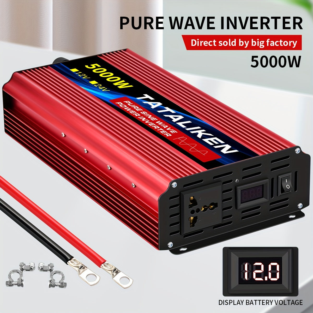 Power Inverter 12V naar 220V – Spanningsomvormer – Omvormer – DC-AC Converter – 5000W Vermogen – 2 Stopcontacten – LCD Display – Robuuste Metalen Behuizing