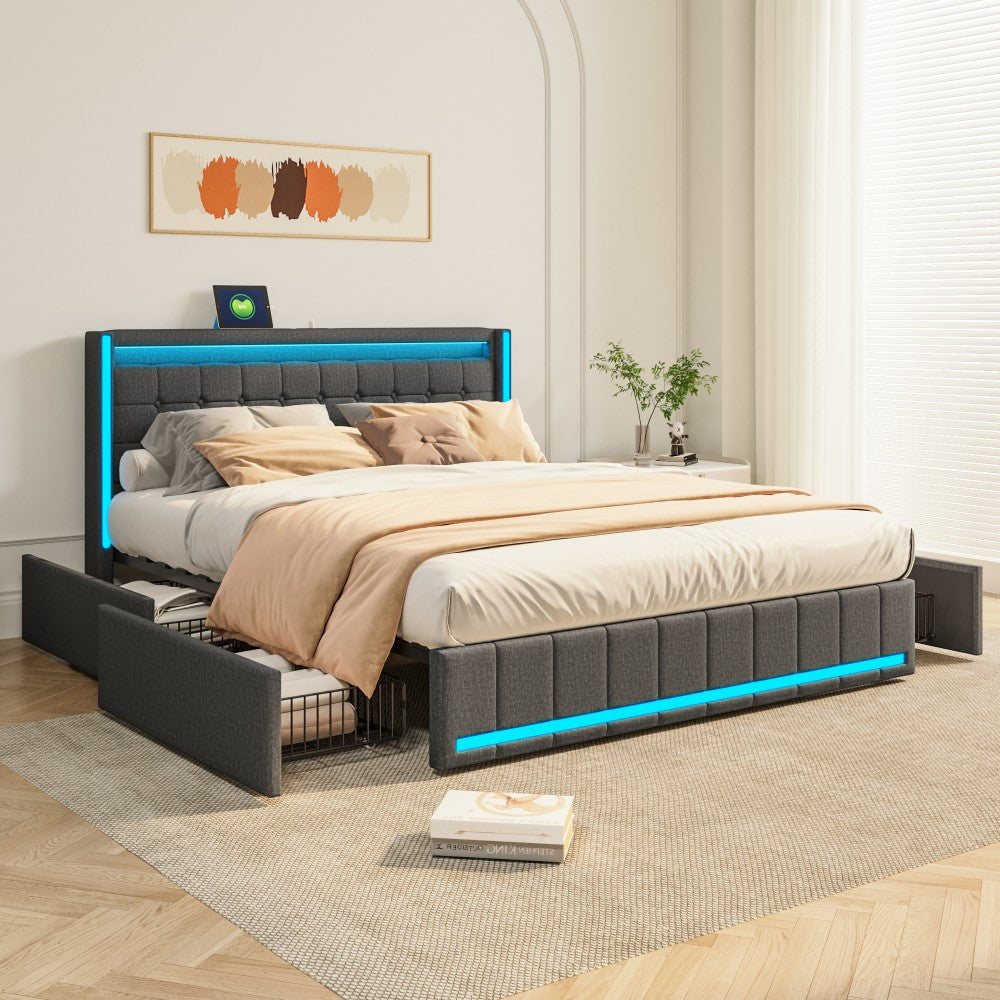 Bed 140x200 – Tweepersoonsbed – Stapelbed – Linnen Bed – Opbergbed – Ingebouwde LED-Verlichting – USB-Poort – Donkergrijs – 4 Laden – Houten Lattenbodem