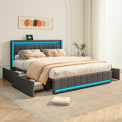 Bed 140x200 – Tweepersoonsbed – Stapelbed – Linnen Bed – Opbergbed – Ingebouwde LED-Verlichting – USB-Poort – Donkergrijs – 4 Laden – Houten Lattenbodem