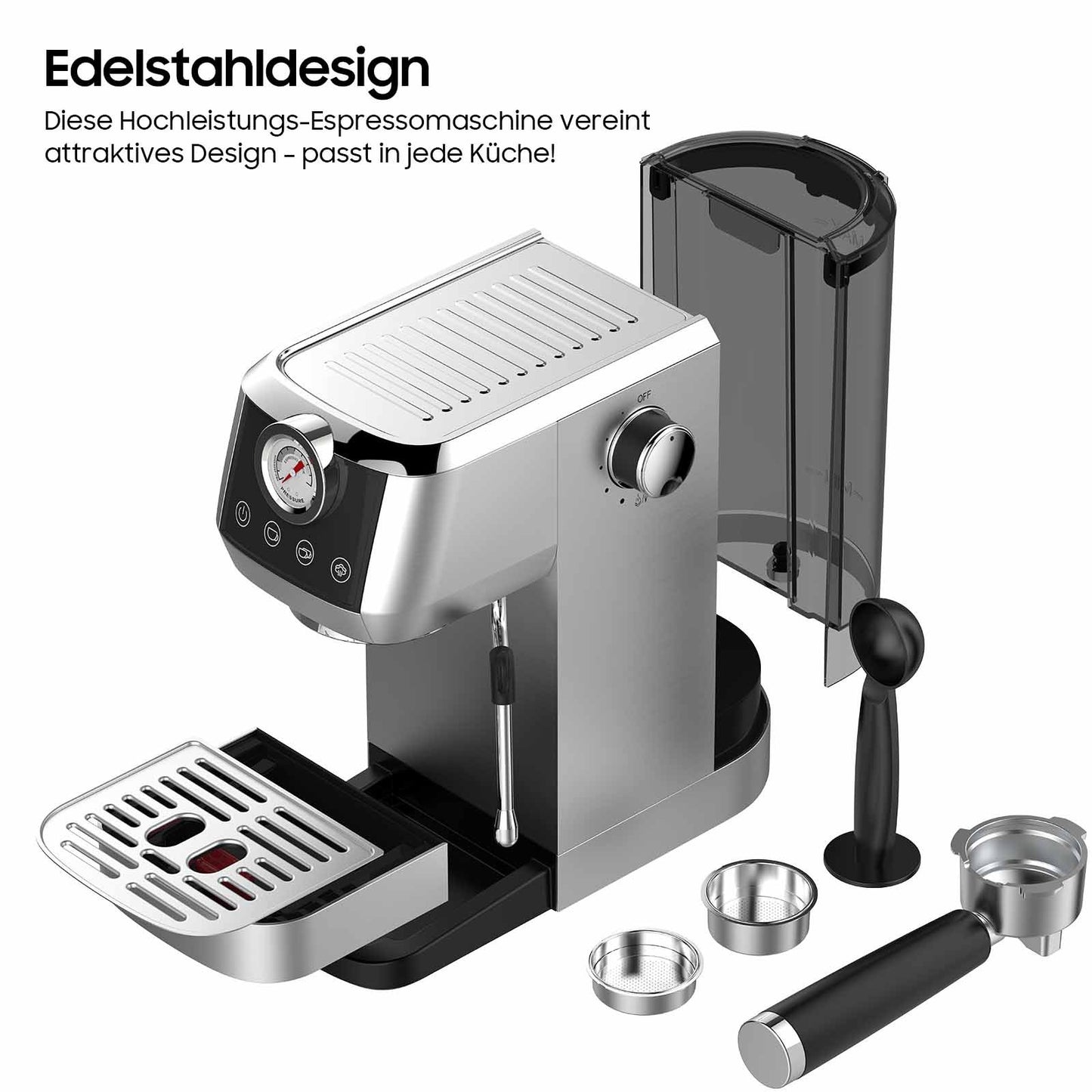 Espressomachine – Koffiezetapparaat – Koffiemachine – Siebdrager – Volautomaat – 20 Bar Italiaanse Pomp – RVS Behuizing 1,3L Watertank