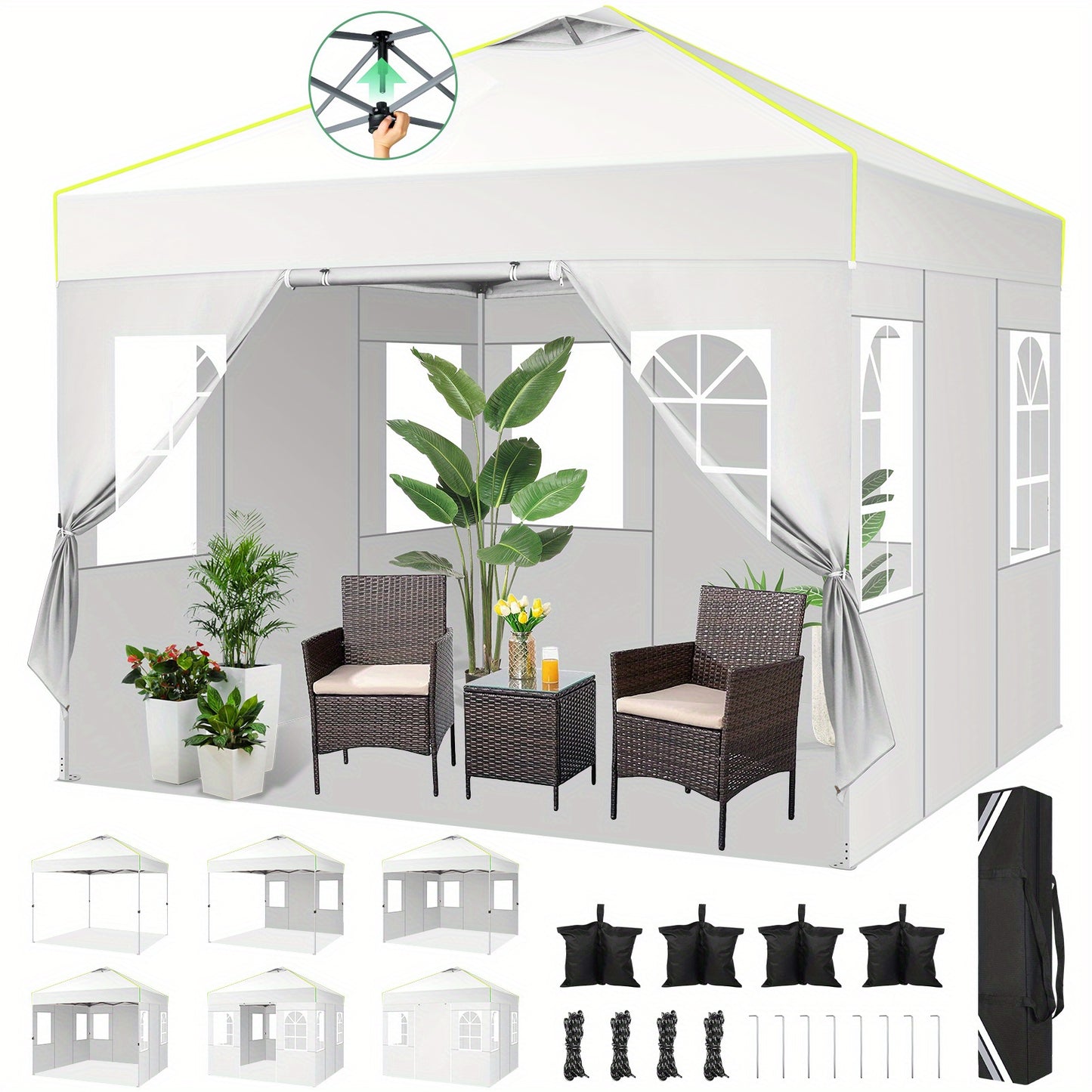 Partytent – Pop-up Tent – Paviljoen – Feesttent – Tuintent – 3,05x3,05 m – UPF 50+ UV Bescherming – 4 Afneembare Zijwanden