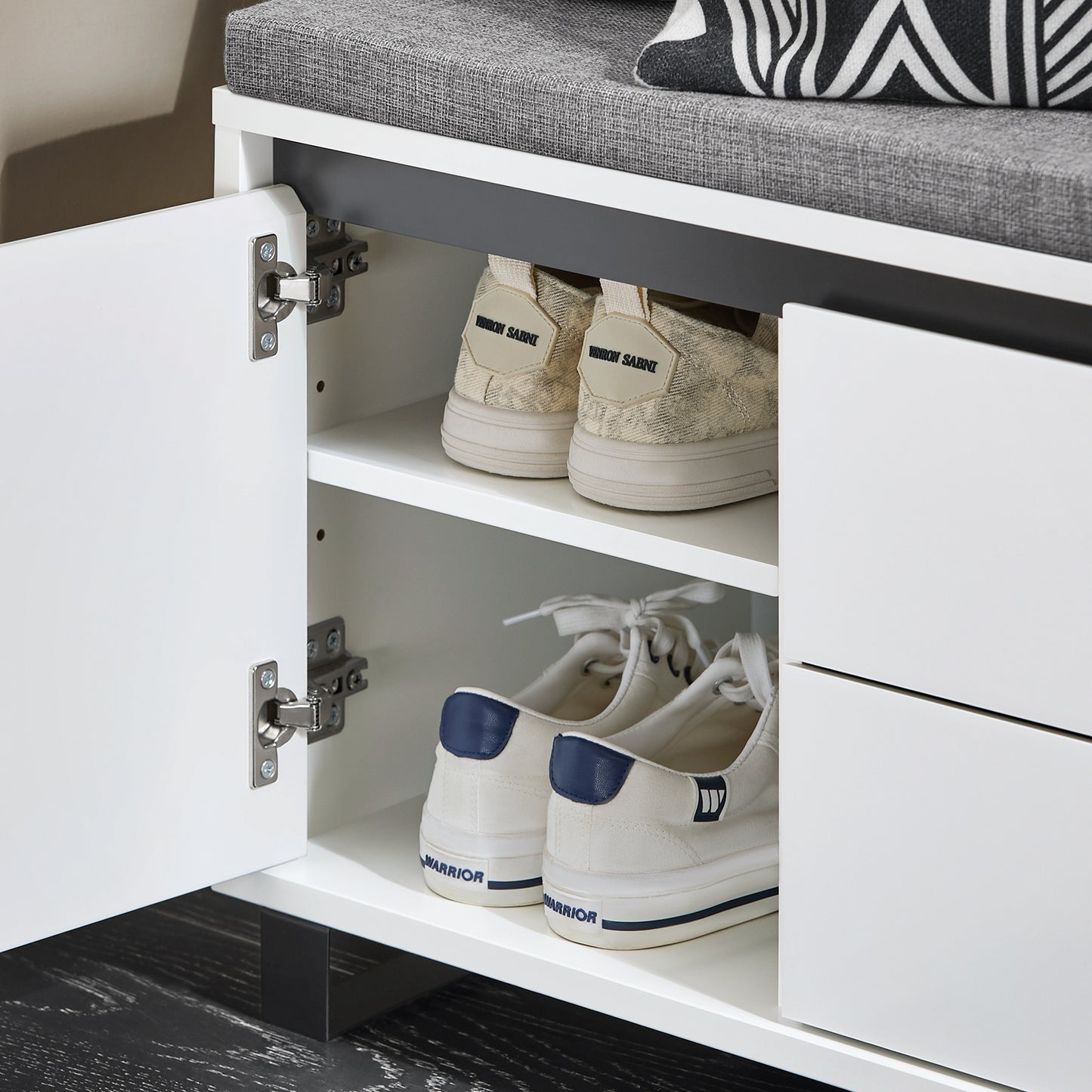 Schoenenkast – Schoenenrek – Schoenenbank – Opbergkast – Entreebank – Met Zitvlak En Lades – Compact Wit MDF – 110x35x42 cm