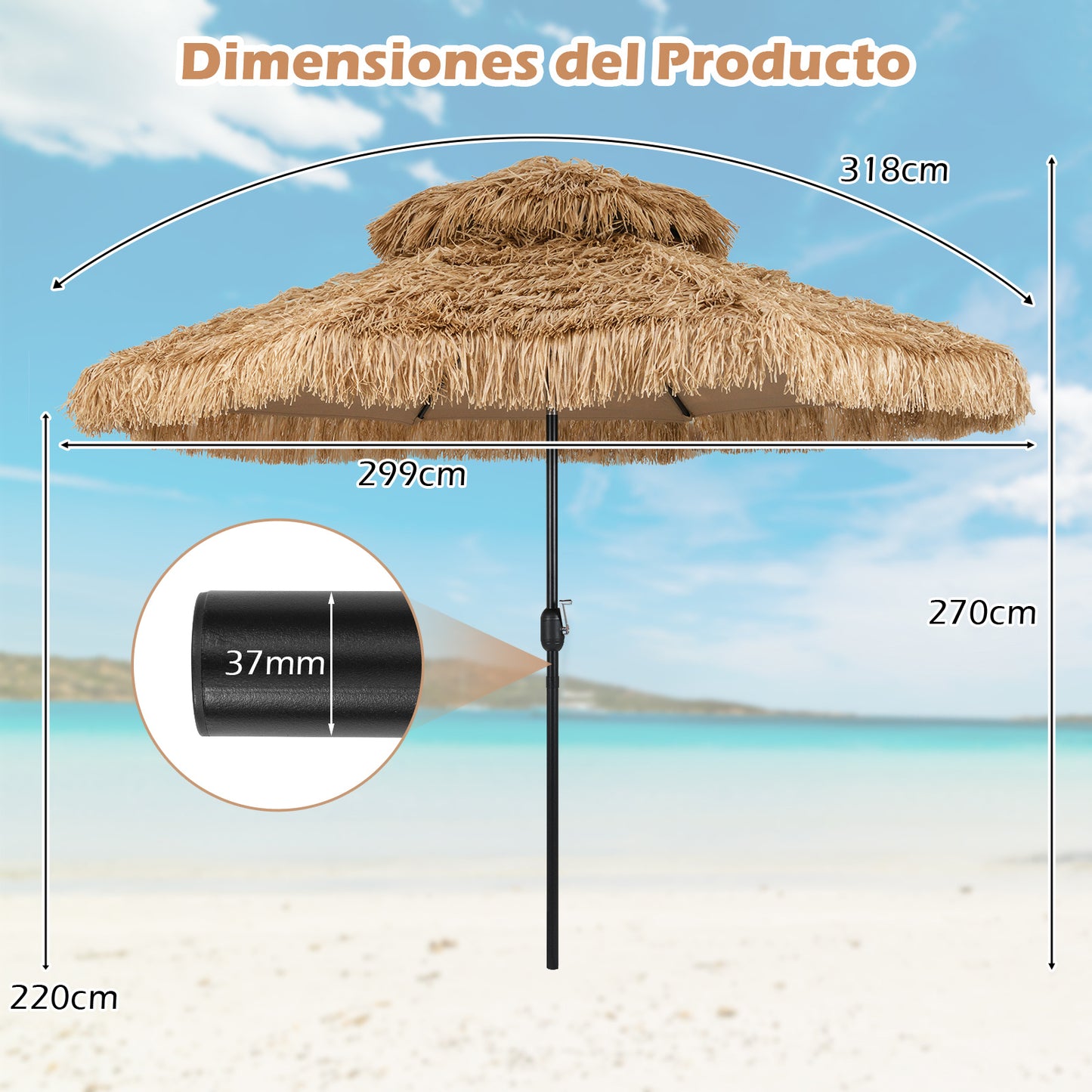 Tiki Parasol – Hawaiiaanse Parasol – Buitenkap – Zonnescherm – Terrasparasol – Extra Groot 305x274 cm – Kantelbaar met Slingerbediening – Weerbestendig PE Rietkap met Aluminium Frame