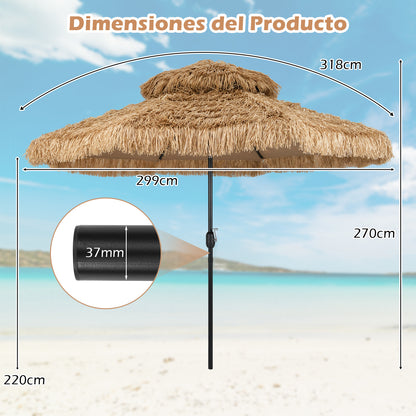 Tiki Parasol – Hawaiiaanse Parasol – Buitenkap – Zonnescherm – Terrasparasol – Extra Groot 305x274 cm – Kantelbaar met Slingerbediening – Weerbestendig PE Rietkap met Aluminium Frame