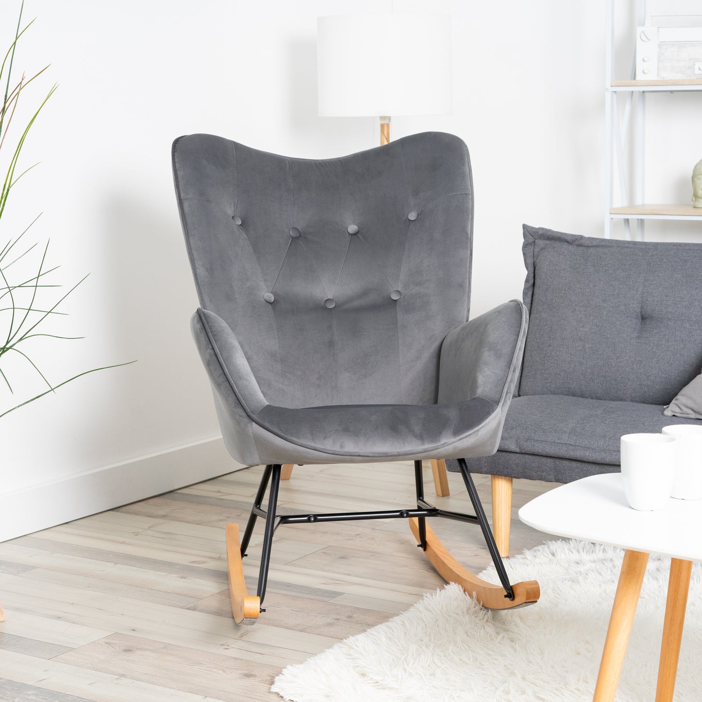 Draaifauteuil – Fauteuil – Relaxstoel – Leunstoel – Schommelstoel – Fluweel Grijs – Hoog Rugleuning – Houten Poten
