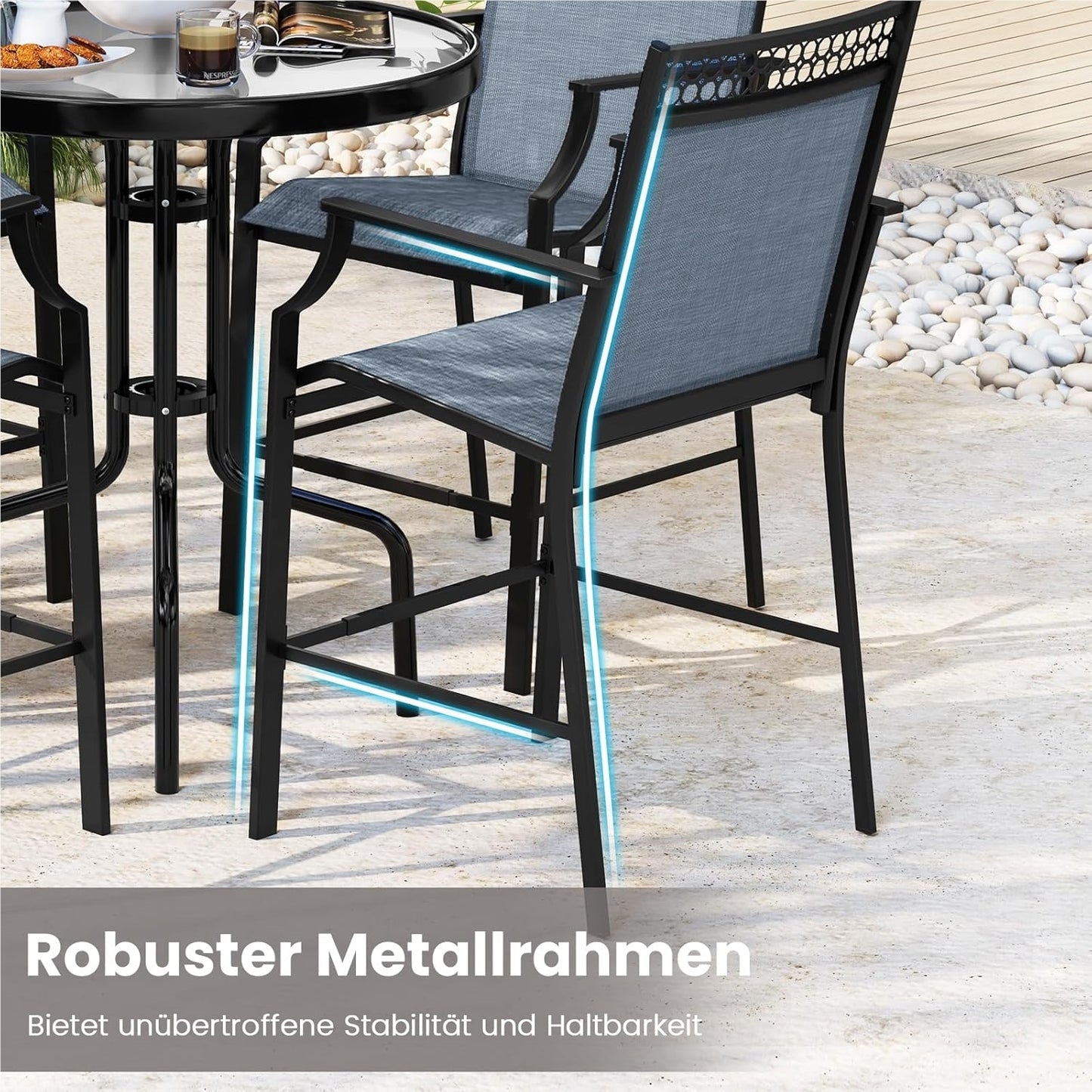 Tuinstoelen – Terrastoelen – Balkontoelen – Buitenstoelen – Barstoelen – Sneldrogende Zitting – Stevig Metalen Frame – Blauw – Set van 2 – Draagkracht 180 kg