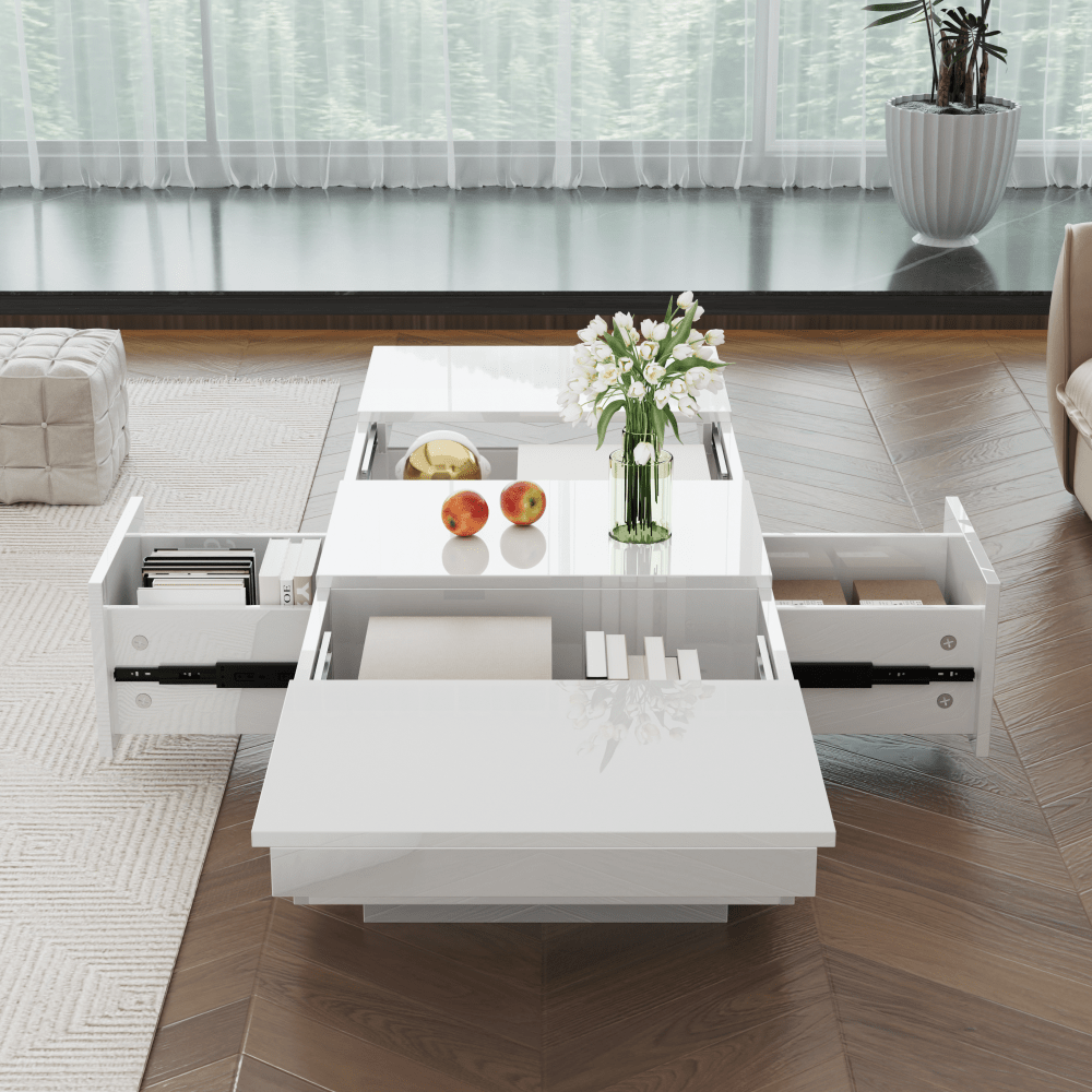 Salontafel – Koffietafel – Bijzettafel – Woonkamertafel – Tafel – Hoogglans Wit – Dubbele Schuifladen – Hout Kunstboard