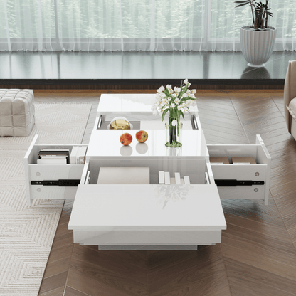 Salontafel – Koffietafel – Bijzettafel – Woonkamertafel – Tafel – Hoogglans Wit – Dubbele Schuifladen – Hout Kunstboard