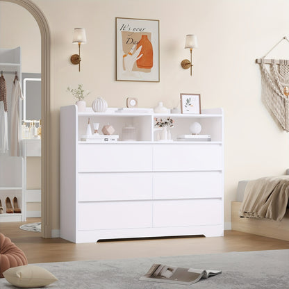 Brede Ladekast – Ladekast Met Lades – Opbergkast – Dressoir – Kast Met Open Vakken – Modern Wit Design – 6 Ruime Lades Met 2 Open Vakken – Stevig Kunststof En Massief Hout