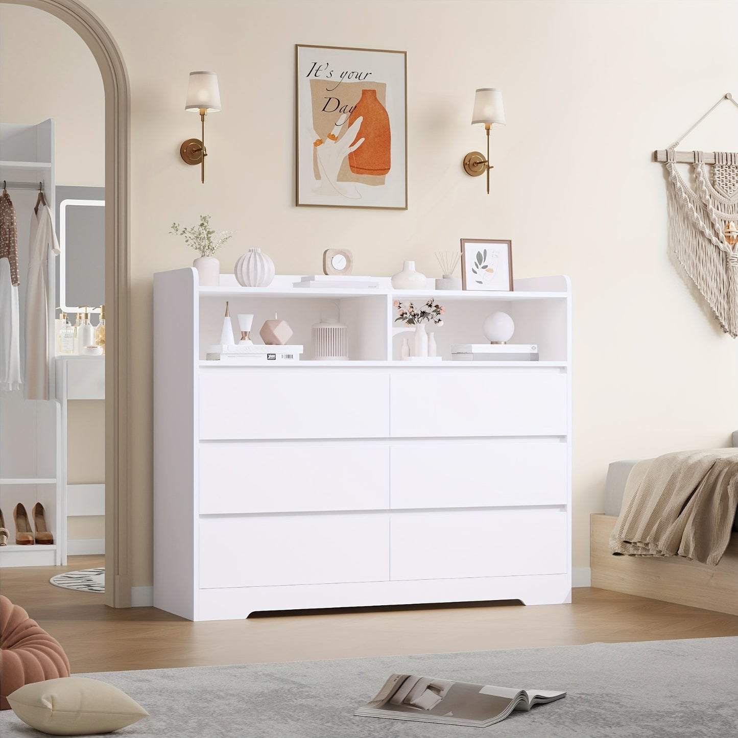 Ladekast Wit – Commode – Opbergkast – Dressoir – Kast Met Lades – 6 Ruime Lades – 2 Open Vakken – Modern Design – Kunststof En Hout