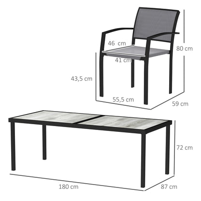 7-delige Tuinset – Buiten Eettafelset – Tuinmeubelset – Balkonset – Stapelbare Stoelen – Grijs – Kunststof Tafelblad Met Houtlook – Weerbestendig Stalen Frame
